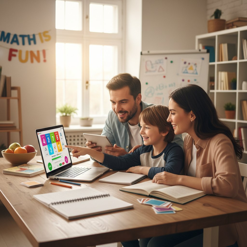 Matematyczna motywacja – rodzina rozwiązuje zadania online, radość i zaangażowanie