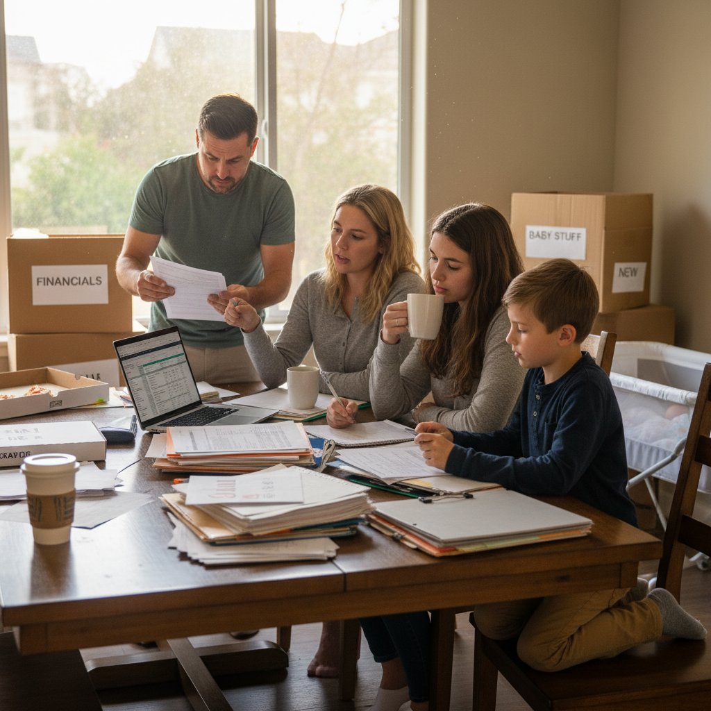 Family sorting paperwork after a major life event, reviewing tax calculation changes