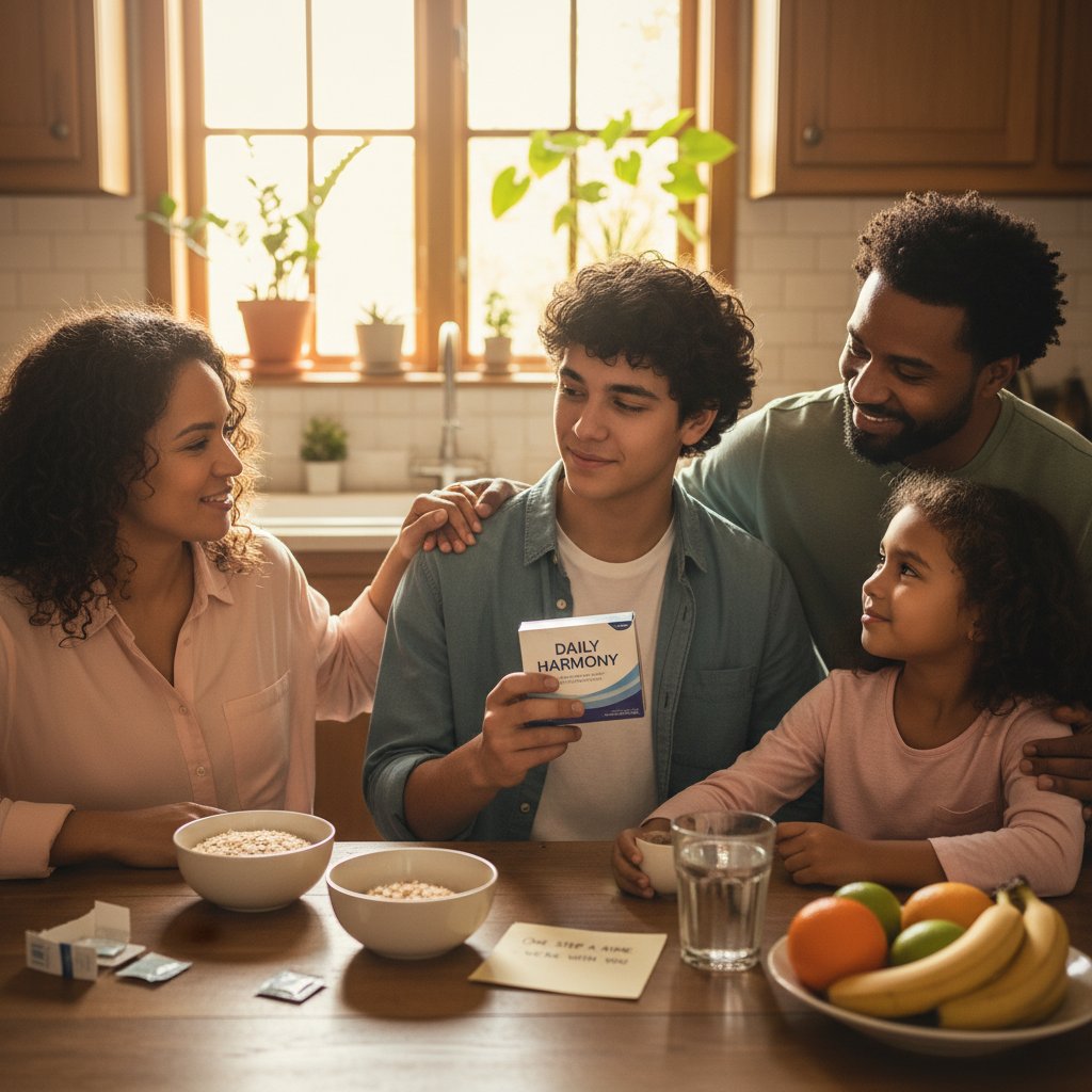 Rodzina wspierająca osobę zmagającą się z uzależnieniem – obrazek ilustrujący znaczenie wsparcia społecznego