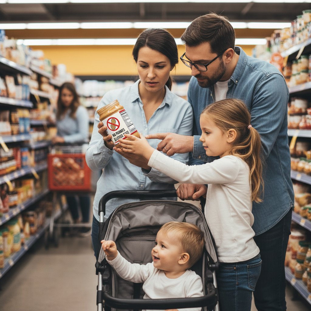 Rodzina wspierająca osobę z alergią – razem przeglądają etykiety produktów
