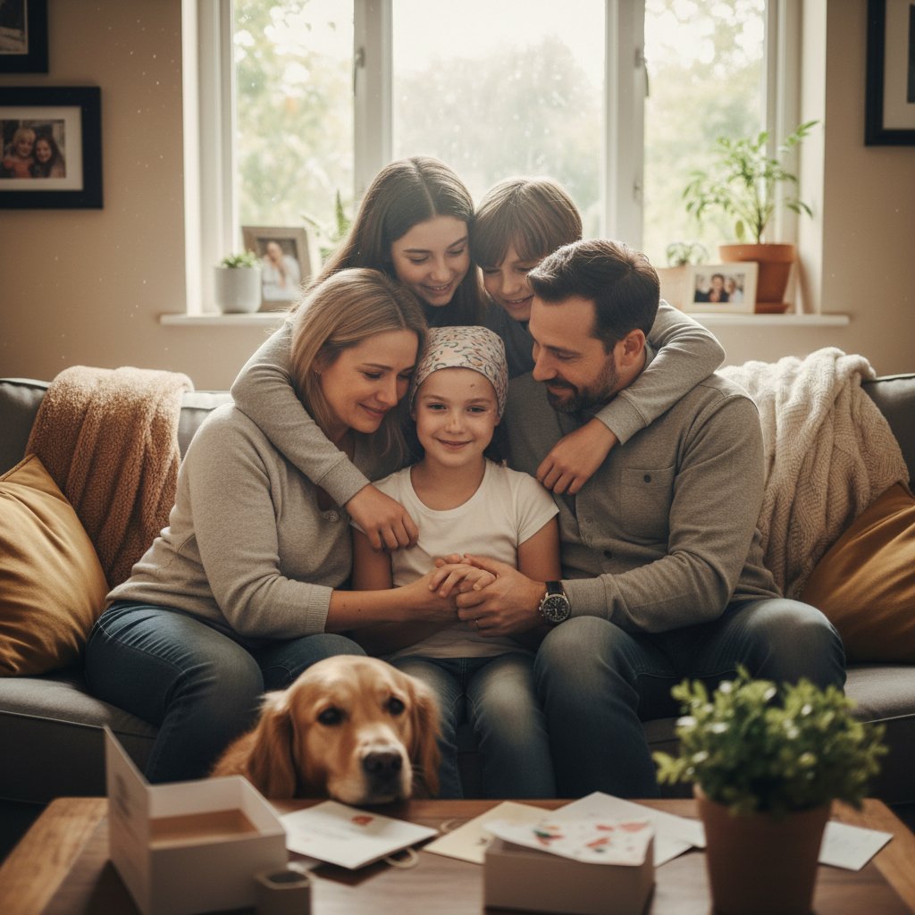 Rodzina wspierająca pacjenta po kraniotomii, emocjonalna scena domowa