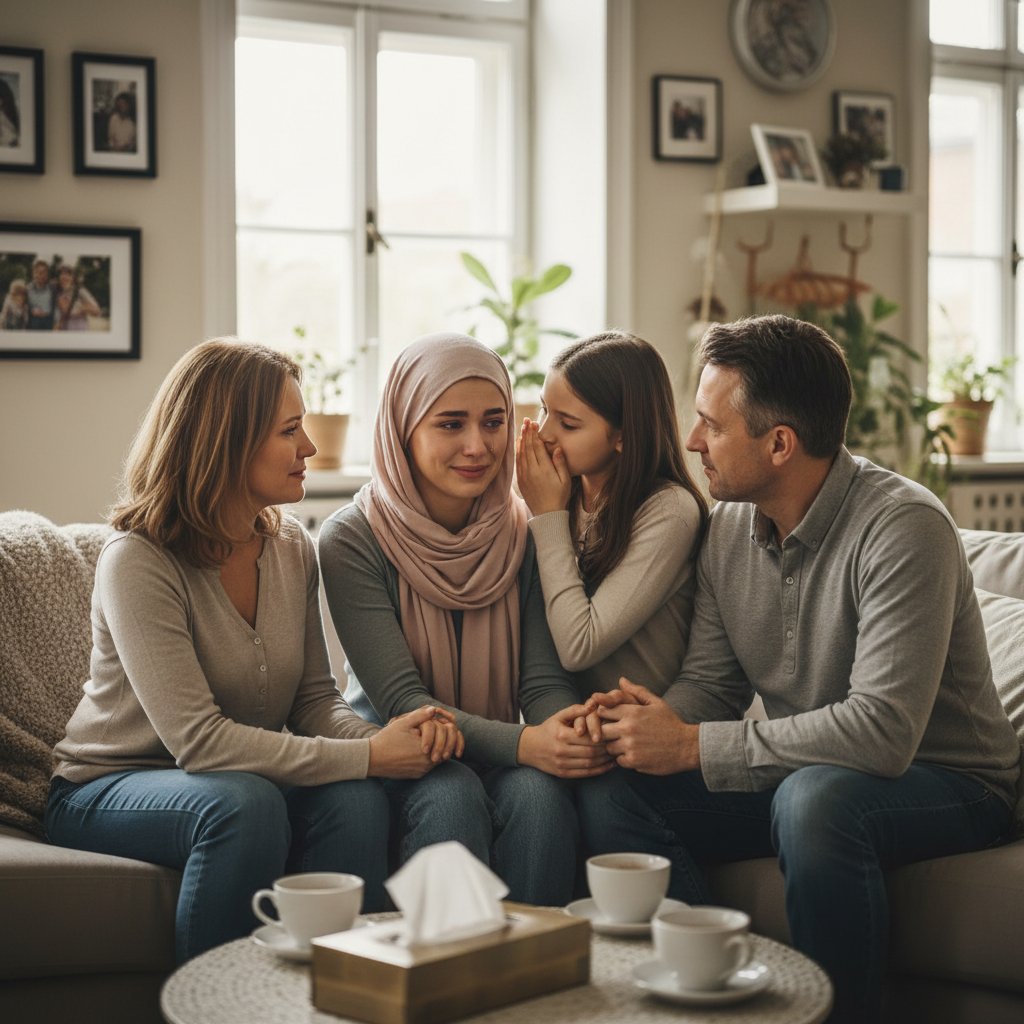 Rodzina rozmawiająca z pacjentem onkologicznym w domu, wsparcie emocjonalne