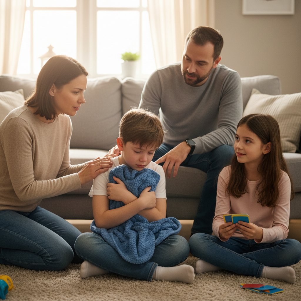 Rodzina wspierająca dziecko z zaburzeniem ze spektrum autyzmu w domu, emocjonalna scena