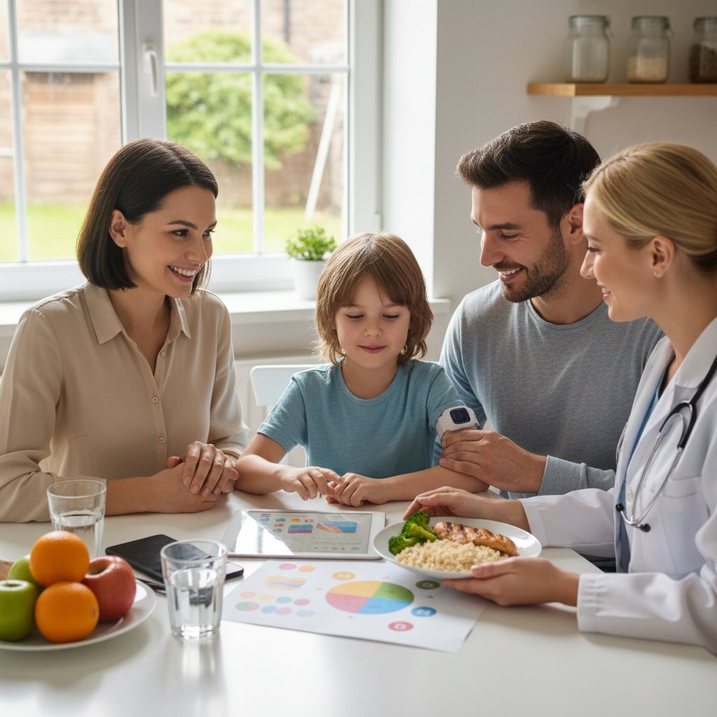 Rodzina wspierająca dziecko z cukrzycą podczas posiłku, diabetolog obecny przy stole