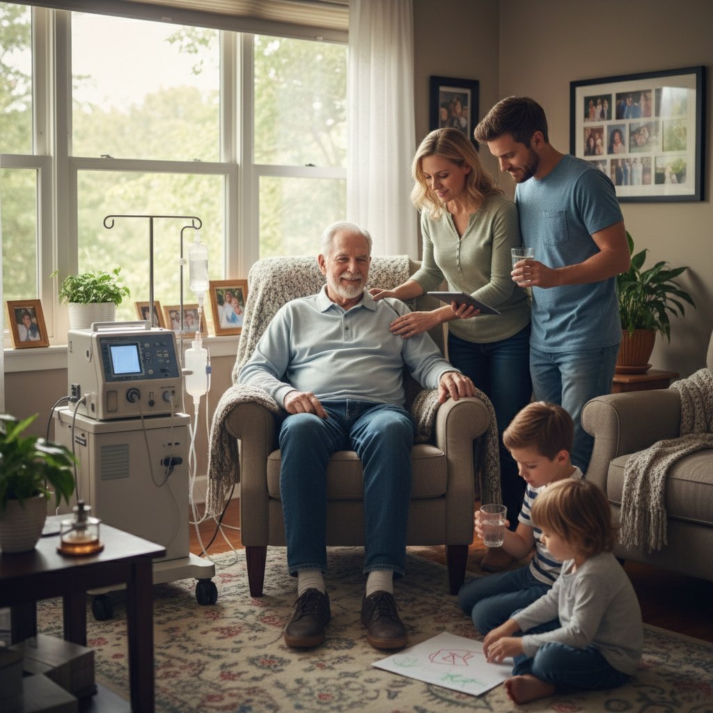 Rodzina wspierająca seniora podczas dializy w domu, słowa kluczowe dializa, rodzina