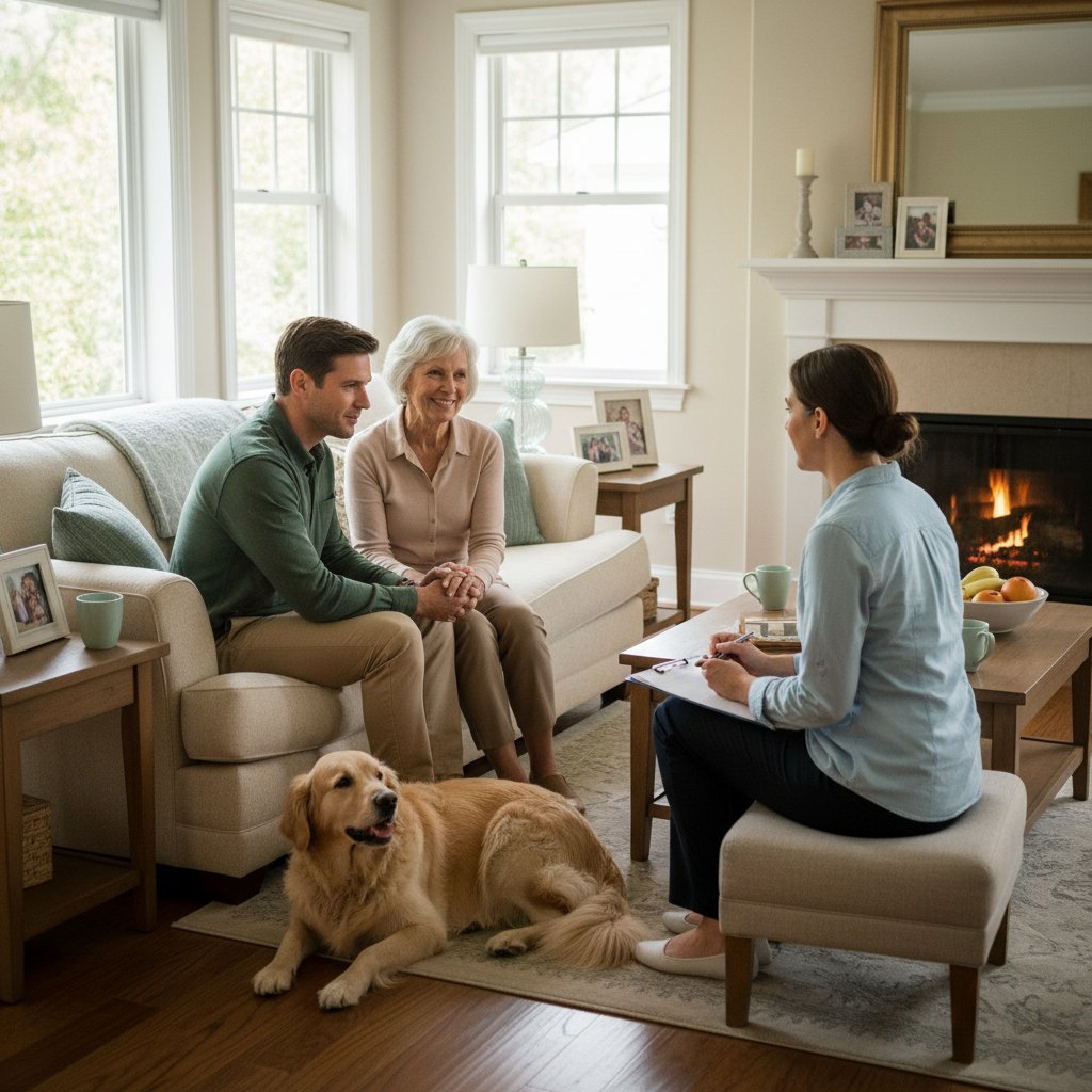 Rodzina wspierająca seniora podczas terapii, wspólne rozmowy, ciepły domowy klimat