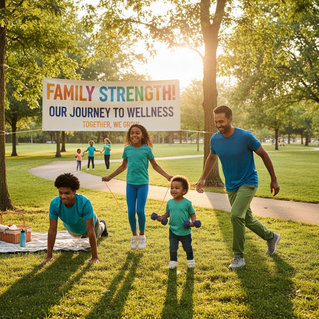 Rodzina wzajemnie motywująca się podczas wspólnego treningu, wsparcie i radość