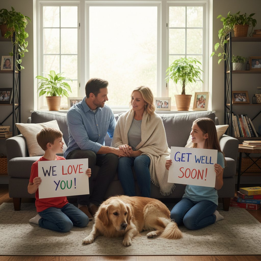 Rodzina wspierająca osobę po wypadku, domowa atmosfera, empatia