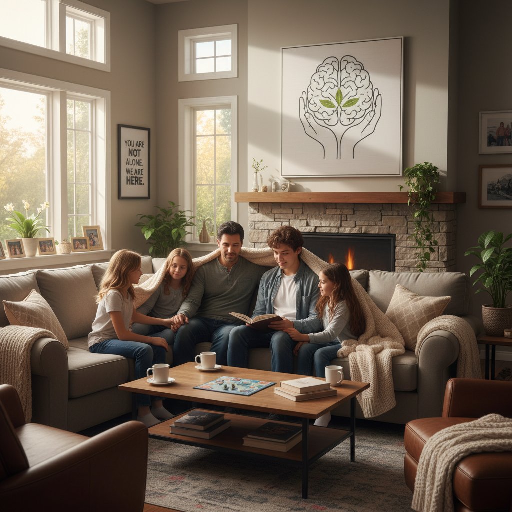 Rodzina rozmawiająca z pacjentem przy stole w domowym zaciszu, atmosfera ciepła.