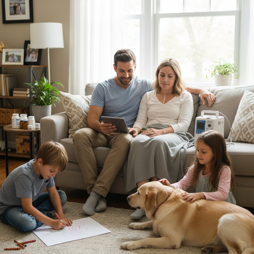 Rodzina wspierająca pacjenta w domu, wspólne przygotowywanie posiłku, codzienność z chorobą
