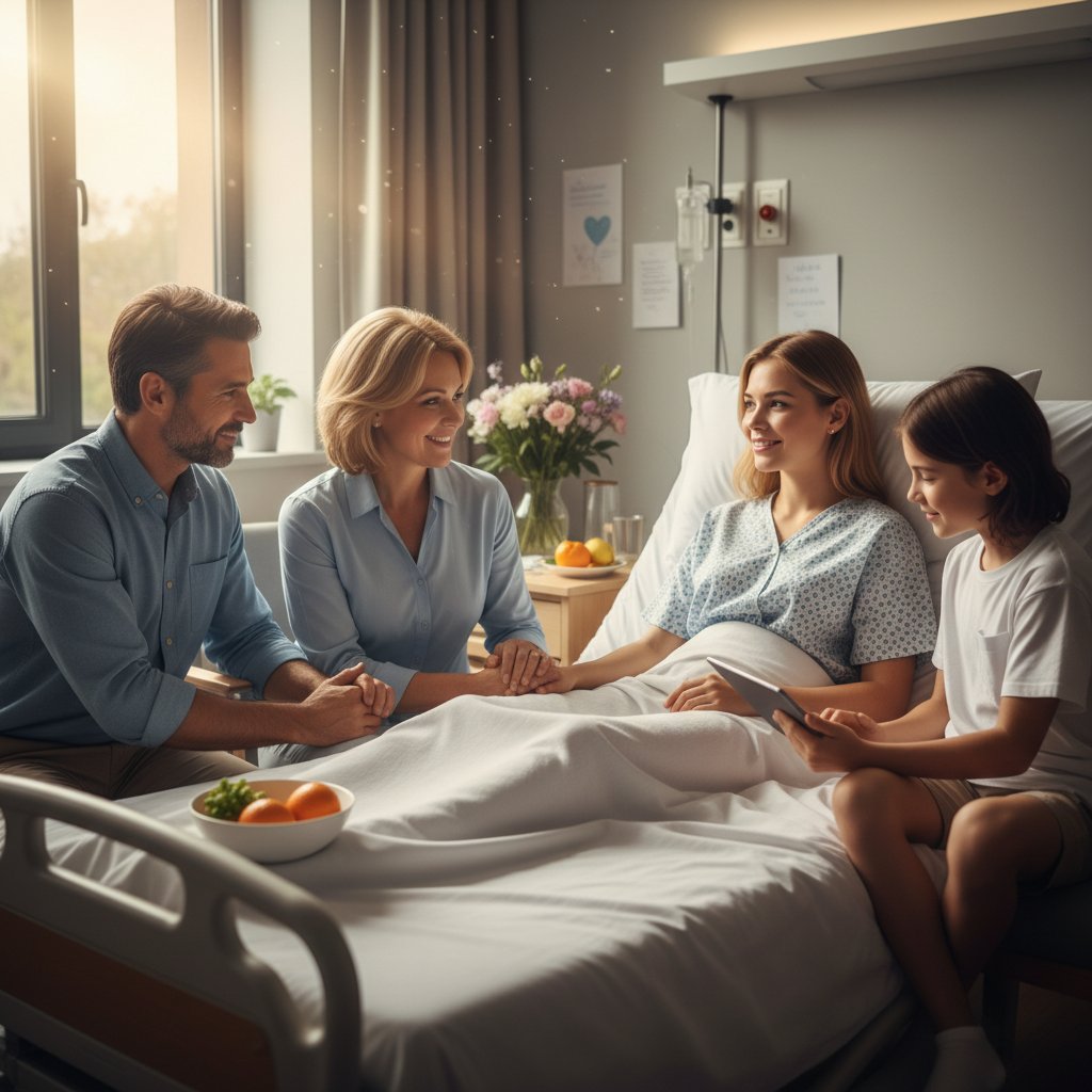 Rodzina wspierająca osobę z płynem w opłucnej podczas spaceru w parku