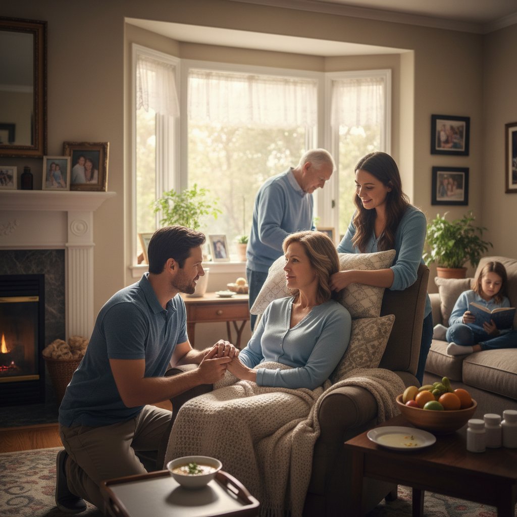 Rodzina wspierająca chorego członka, wsparcie w domu, atmosfera troski