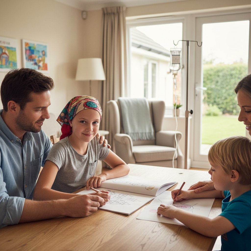 Rodzina wspierająca młodą pacjentkę podczas codziennych czynności