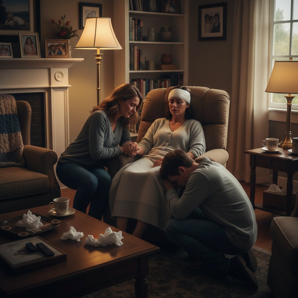 Zdjęcie rodziny wspierającej osobę po urazie głowy, domowe wnętrze, wyraźne emocje