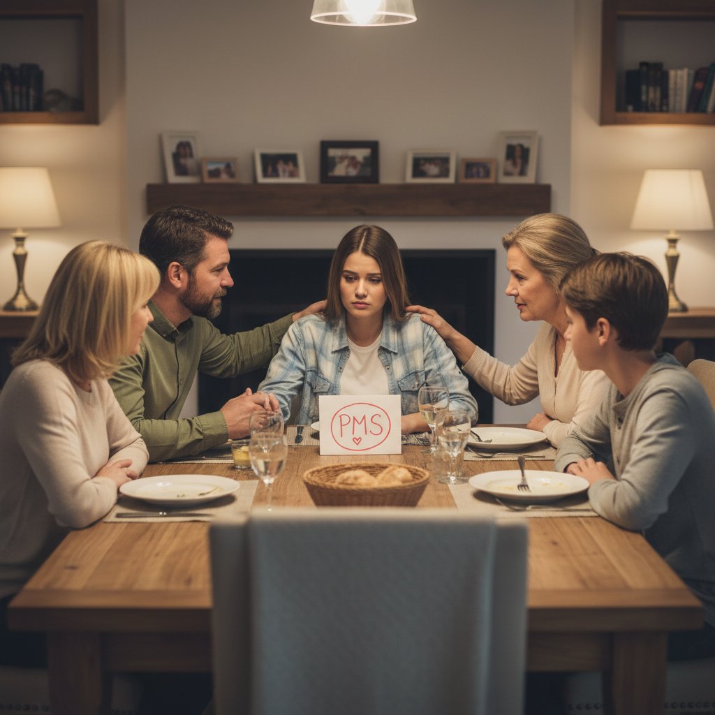 Grupa rodzinna przy stole, rozmowa o trudnościach, obraz ilustrujący wsparcie i brak zrozumienia dla PMS