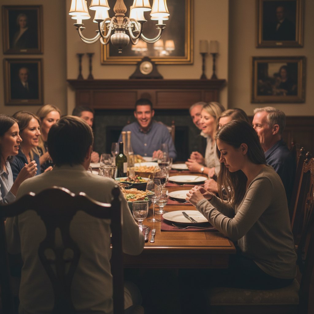 Rodzina siedząca przy stole, wśród której ktoś wyraźnie czuje się wycofany i niezrozumiany
