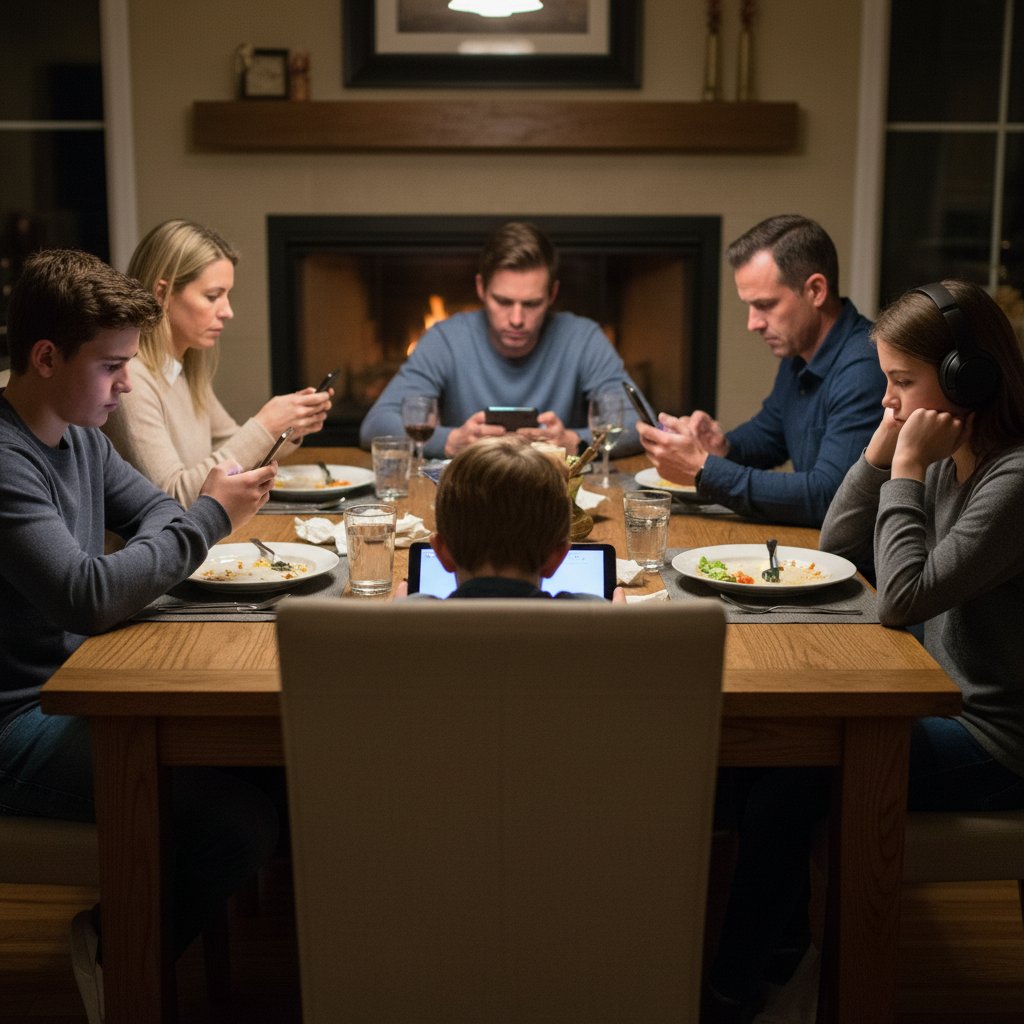 Rodzinna scena przy stole, z osobą wykluczoną lub ignorowaną przez resztę