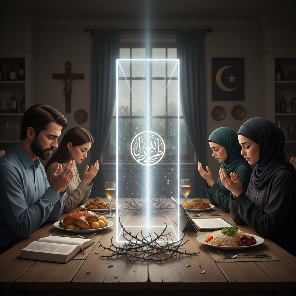 Zdjęcie: Rodzina przy stole z widocznym symbolem religijnym i osobą oddzieloną – wizualizacja konfliktu na tle religii i terapii