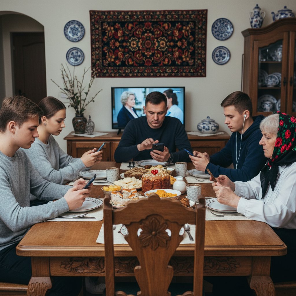 Rodzina przy stole, wszyscy zapatrzeni w telefony i ignorujący siebie nawzajem