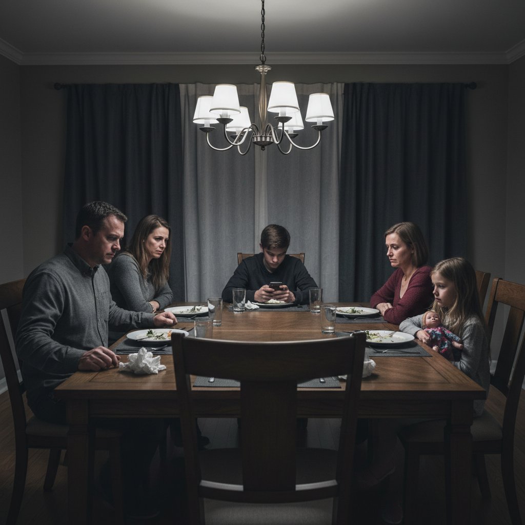 Rodzina przy stole, napięta atmosfera, każdy patrzy w inną stronę, relacje rodzinne w kryzysie