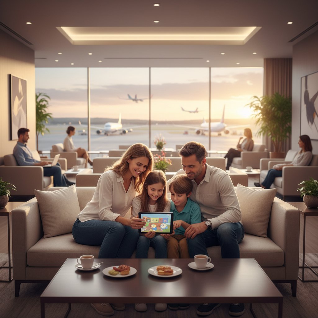 Rodzina korzystająca z tabletu w poczekalni lotniska, planuje wyjazd dzięki inteligentnej platformie