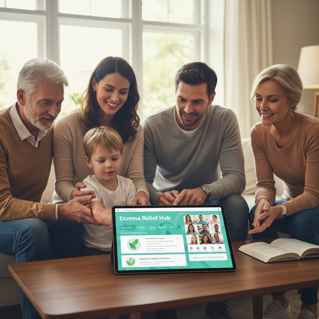 Rodzina korzystająca z tabletu, szuka informacji o AZS, ilustracja wsparcia cyfrowego