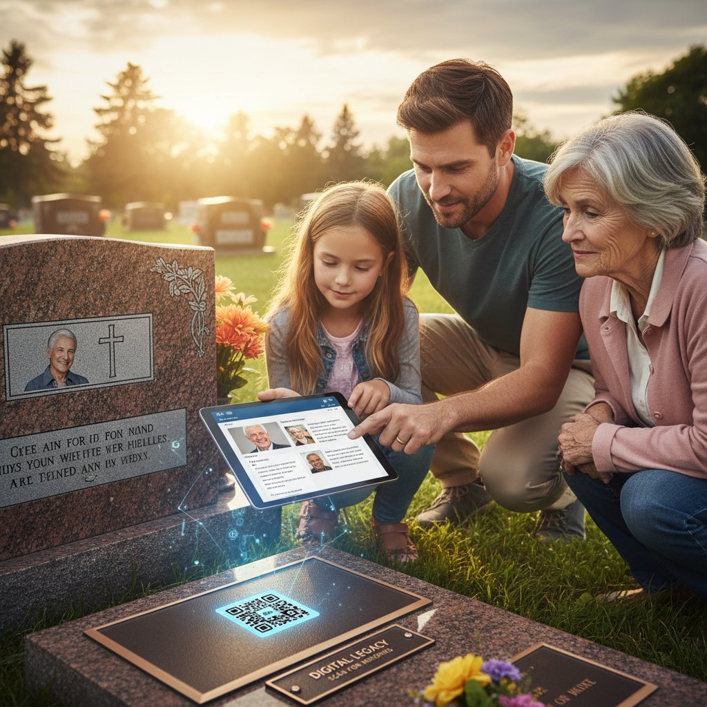 Family using a tablet at a gravesite with QR code, interacting with digital memorial, sunny outdoor, hopeful and innovative