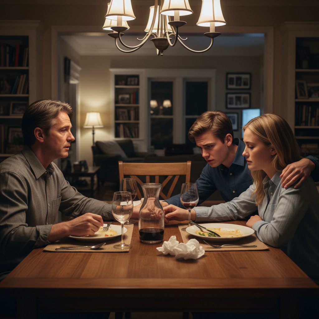 Rodzina siedząca razem przy stole, rozmawiająca o swoich uczuciach, emocje w rodzinie