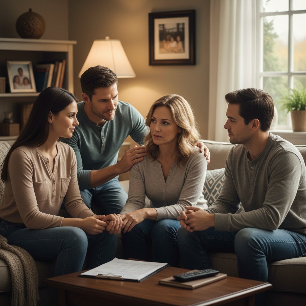 Rodzina rozmawiająca w cichym pomieszczeniu, gesty wsparcia i zrozumienia