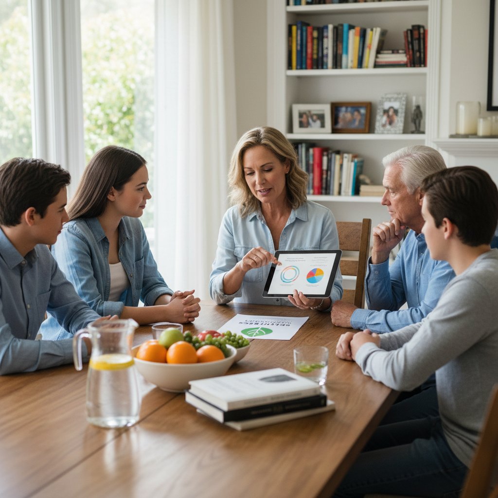 Zdjęcie rodziny rozmawiającej przy stole – obraz wsparcia w zmianach zdrowotnych