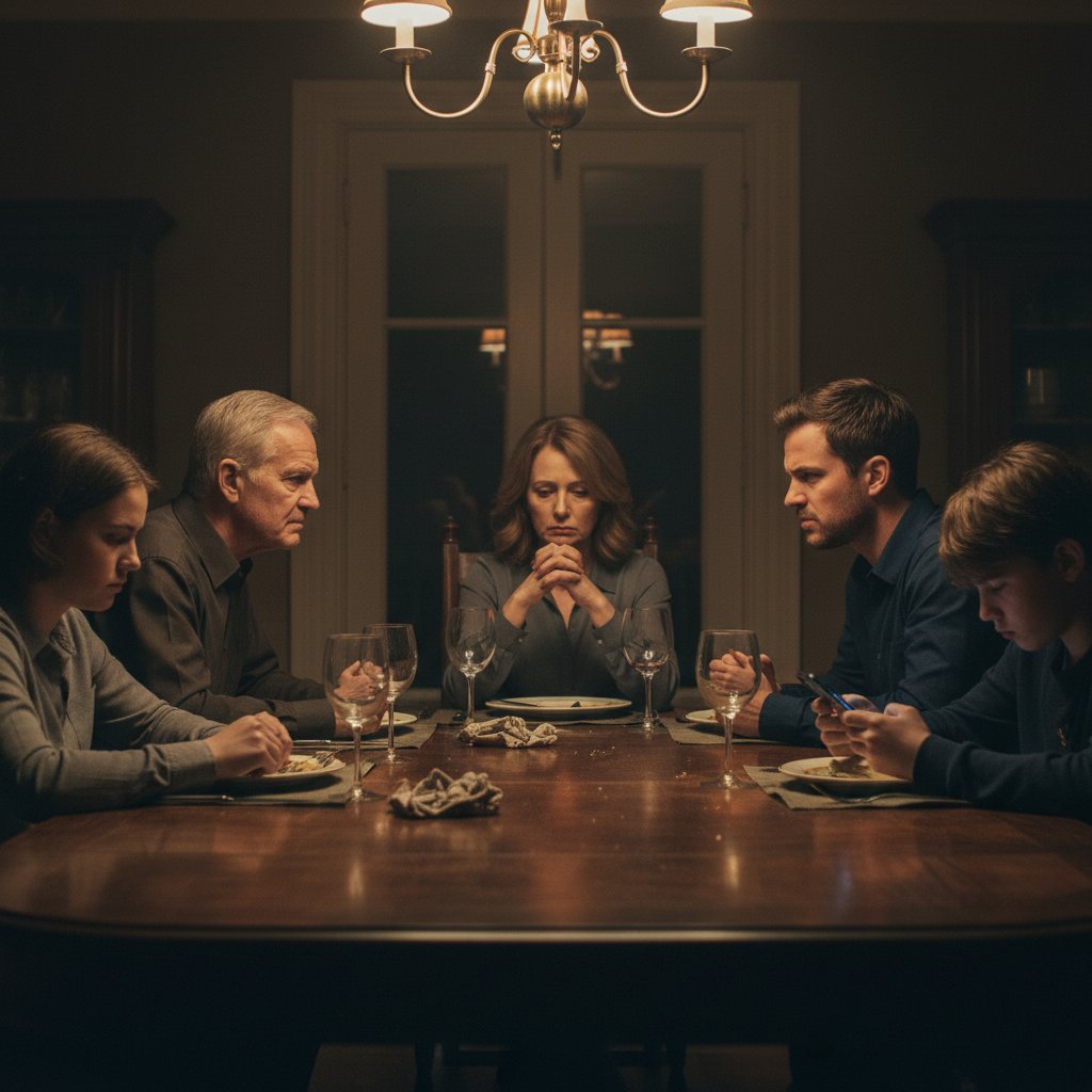 Film scene of family tension, multigenerational family at dinner table with intense atmosphere