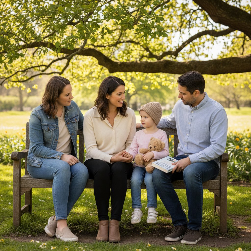 Rodzina rozmawiająca z terapeutą, dziecko z łysiną, atmosfera wsparcia