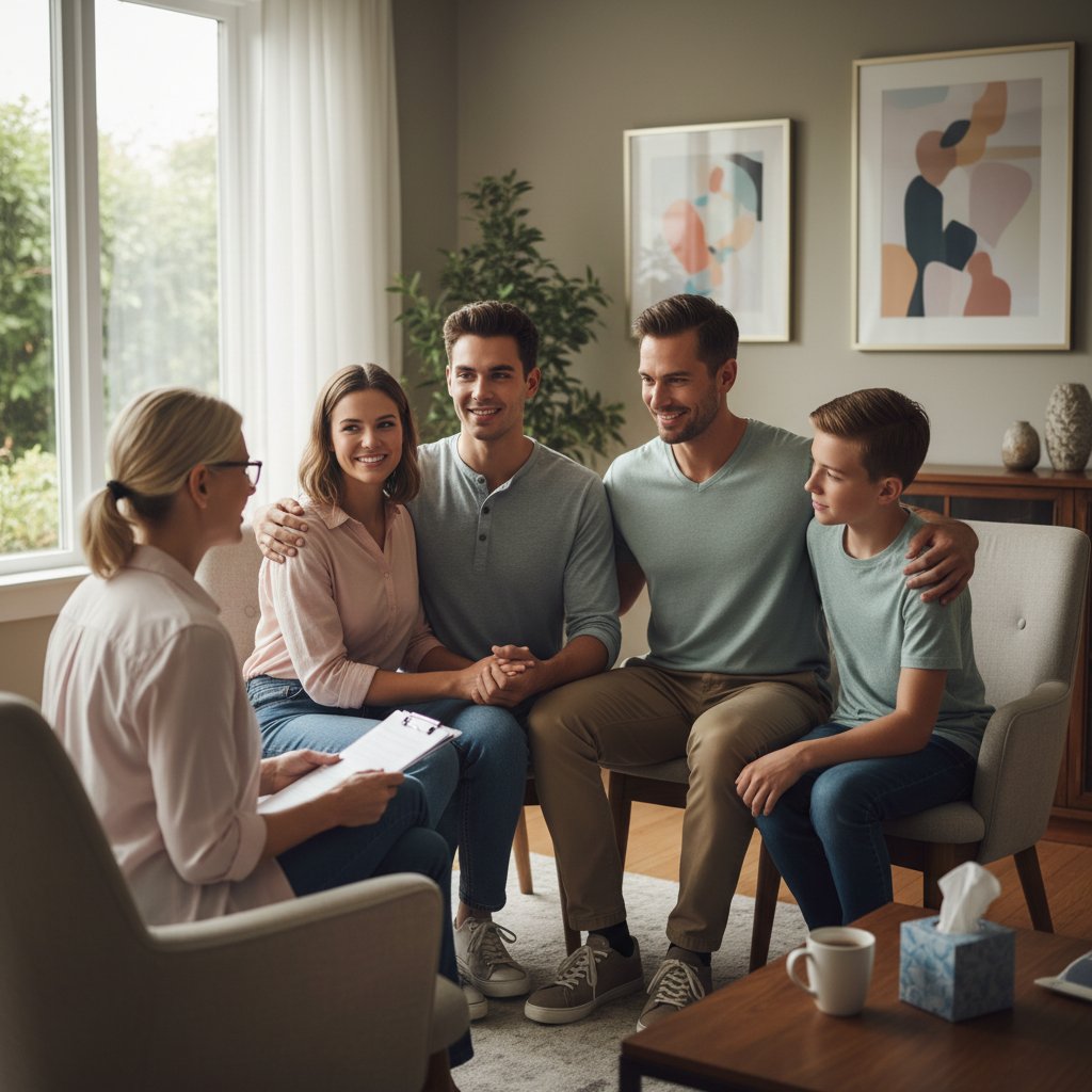 Rodzina podczas terapii wspólnej, bliskość, wsparcie w procesie leczenia uzależnień