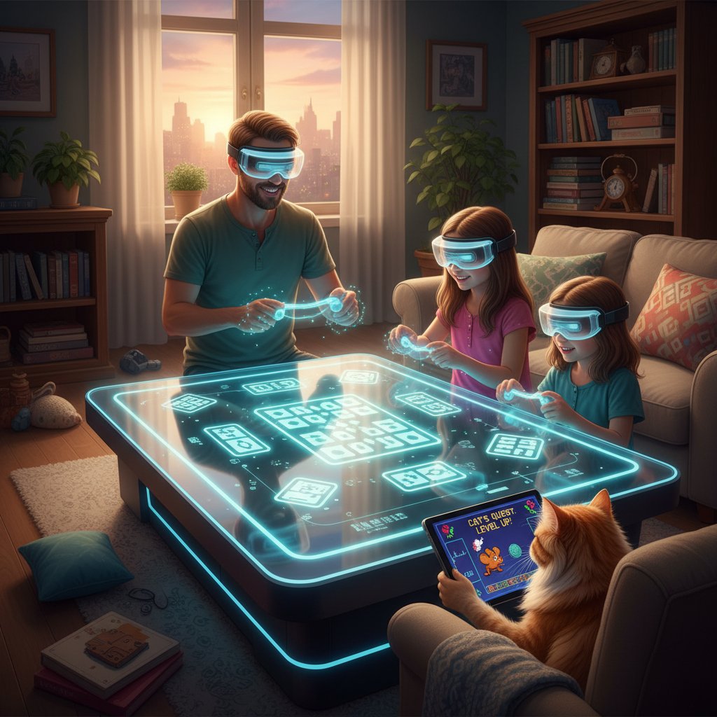 Rodzina siedząca razem, omawiająca bezpieczne korzystanie z gier online z kotem, domowa atmosfera