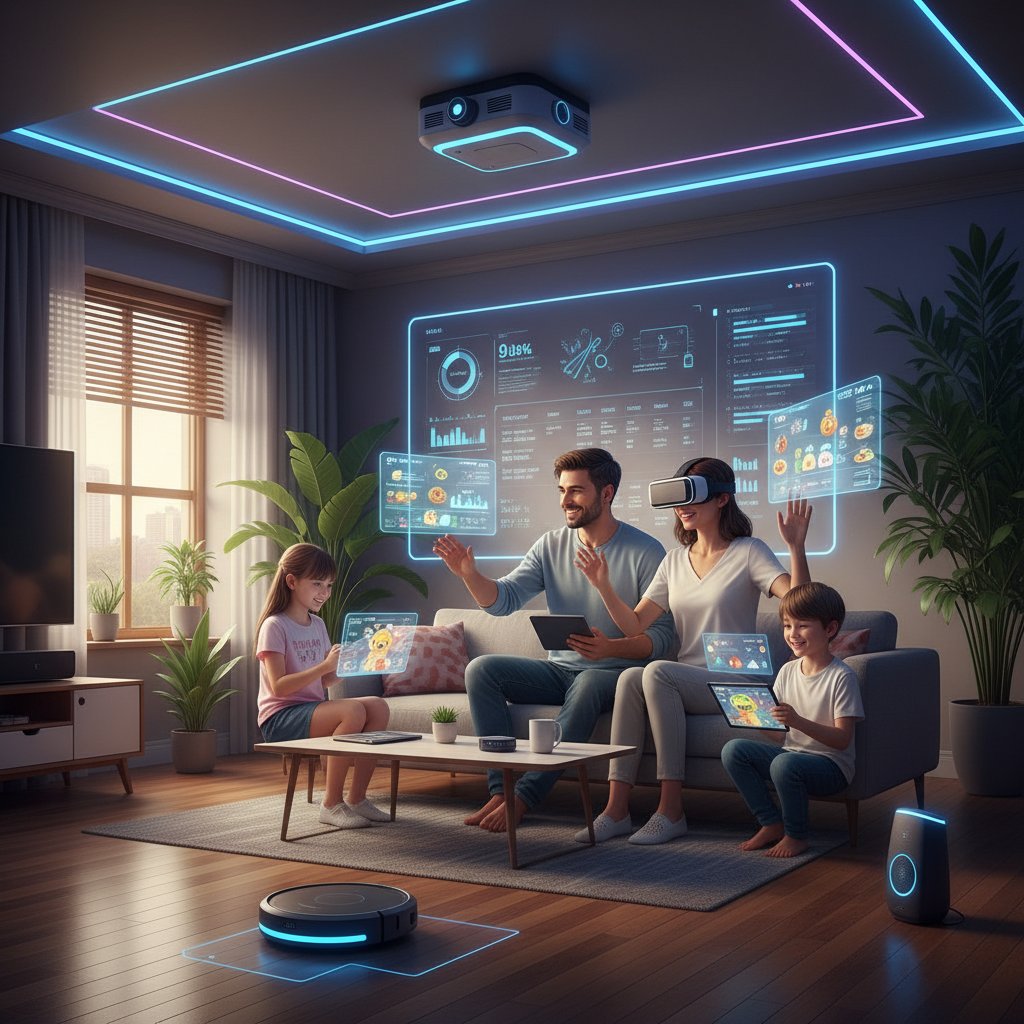 Rodzina korzystająca z technologii AI w domu – smart home, robot sprzątający, dzieci korzystające z tabletu