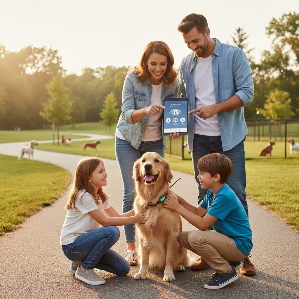 Rodzina korzystająca z aplikacji do opieki nad psem podczas wspólnego spaceru