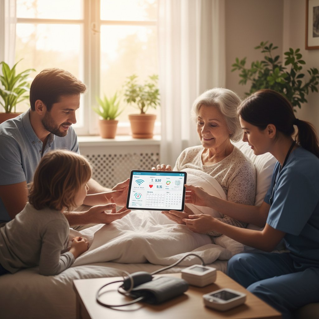 Rodzina korzysta z aplikacji zdrowotnej podczas opieki nad pacjentem leżącym, technologia w opiece