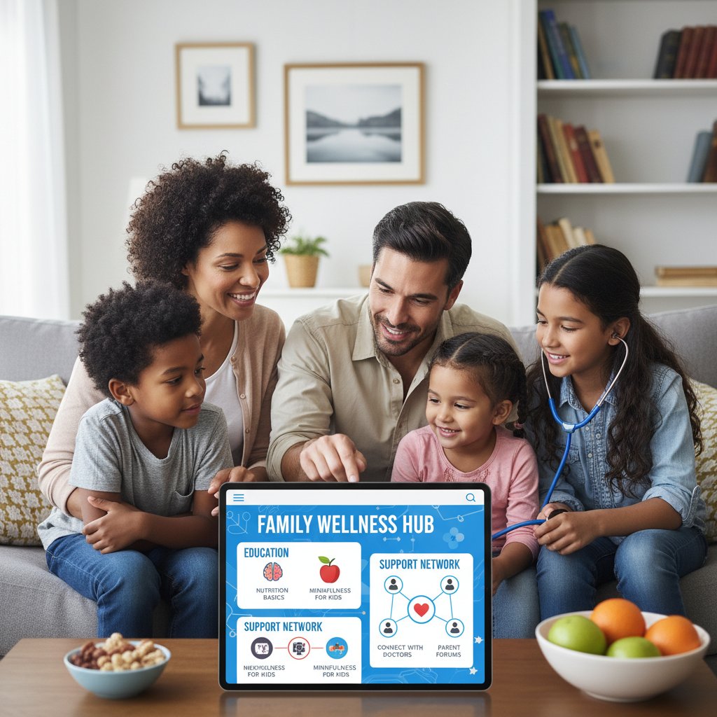 Rodzina korzystająca z aplikacji zdrowotnej – ilustracja edukacji i wsparcia