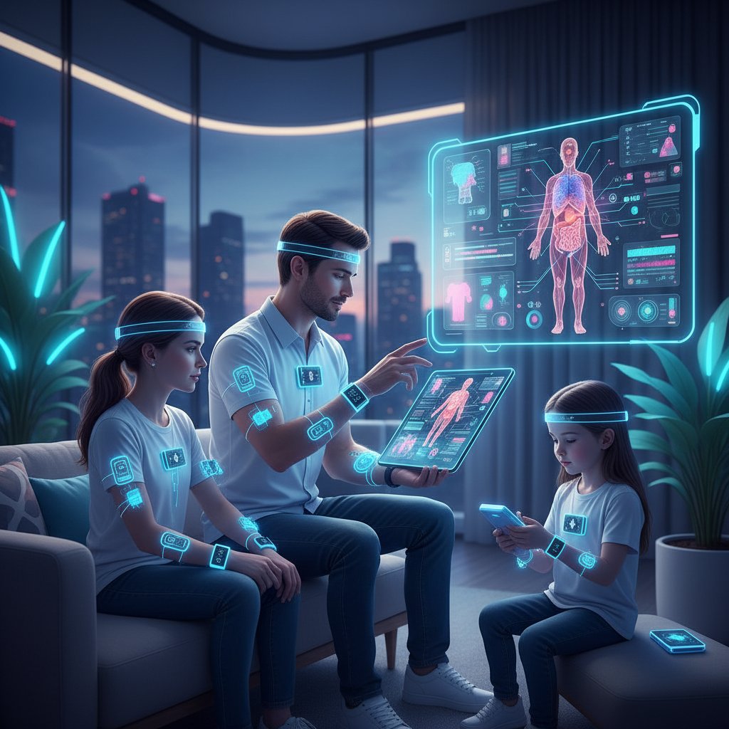 Rodzina korzystająca z czujników biomedycznych w domu – technologie wearable, zdrowie domowe, przyszłość medycyny