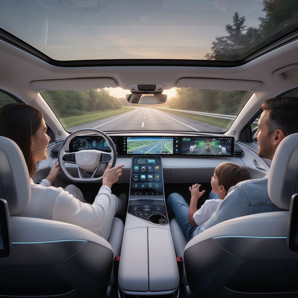 Family interacting with 2025 car infotainment system, modern interior, smiling parents and kids, advanced dashboard