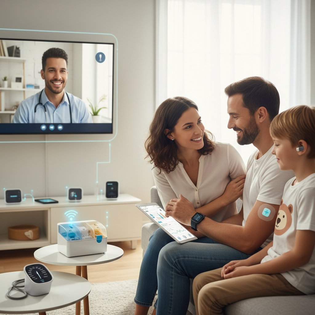 Rodzina korzystająca z domowego urządzenia IoMT, czująca większe bezpieczeństwo