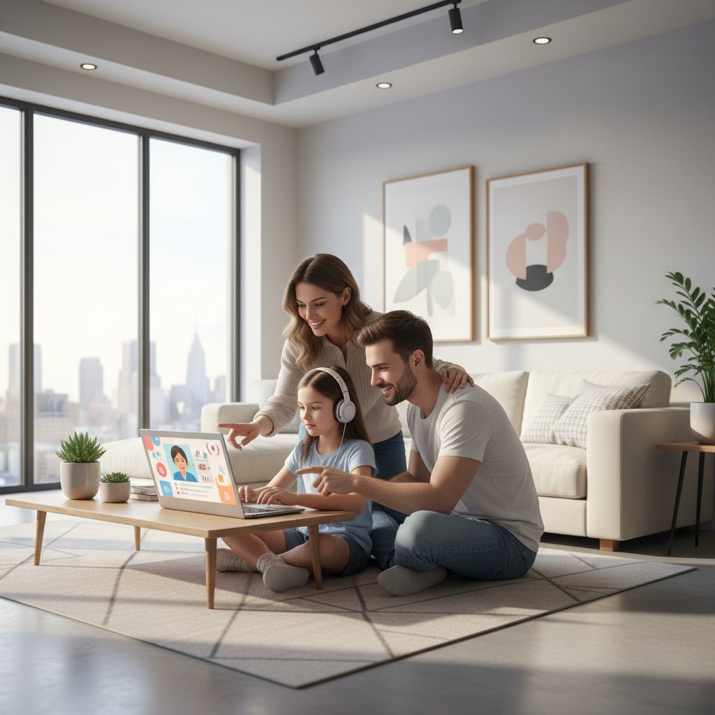 Rodzina korzystająca wspólnie z laptopa, dziecko uczy się online z pomocą rodzica, nowoczesne wnętrze