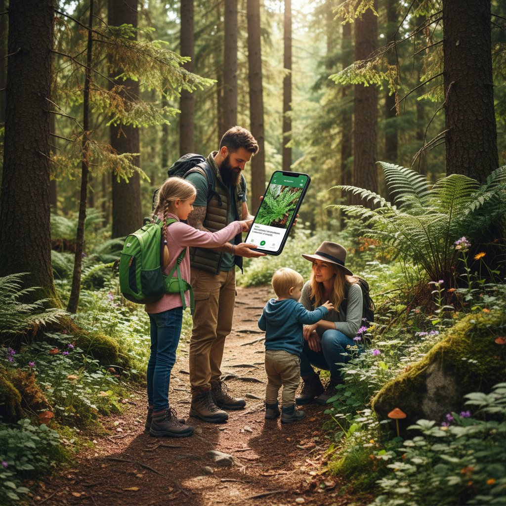 Rodzina korzystająca z aplikacji do identyfikacji roślin podczas spaceru w lesie, dzieci obserwują ekran smartfona
