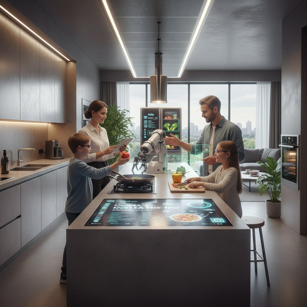 Zespół domowników analizujący przepis AI na ekranie smart-kuchni