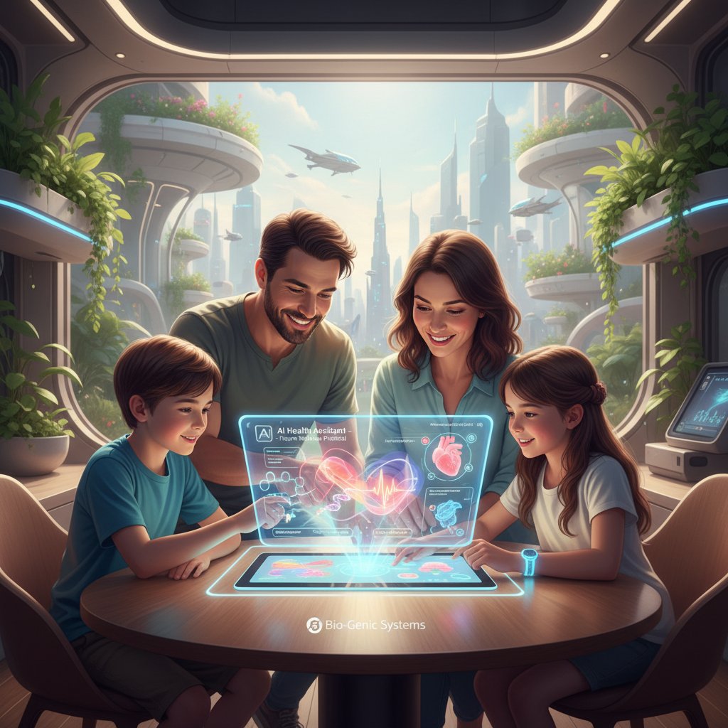 Rodzina korzystająca z tabletu z aplikacją zdrowotną, symbol przyszłości wsparcia rozwojowego