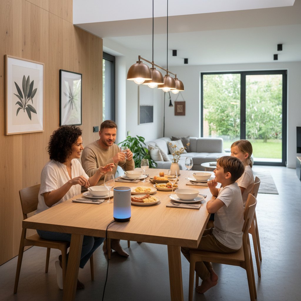 Rodzina korzystająca z asystenta głosowego podczas kolacji, nowoczesny polski dom