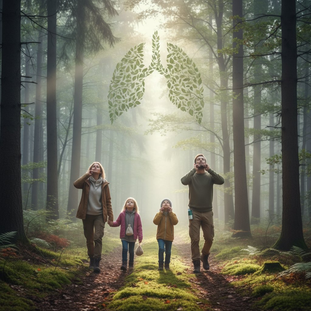 Rodzina spaceruje po mglistym lesie o świcie, zdrowe płuca, kontakt z naturą