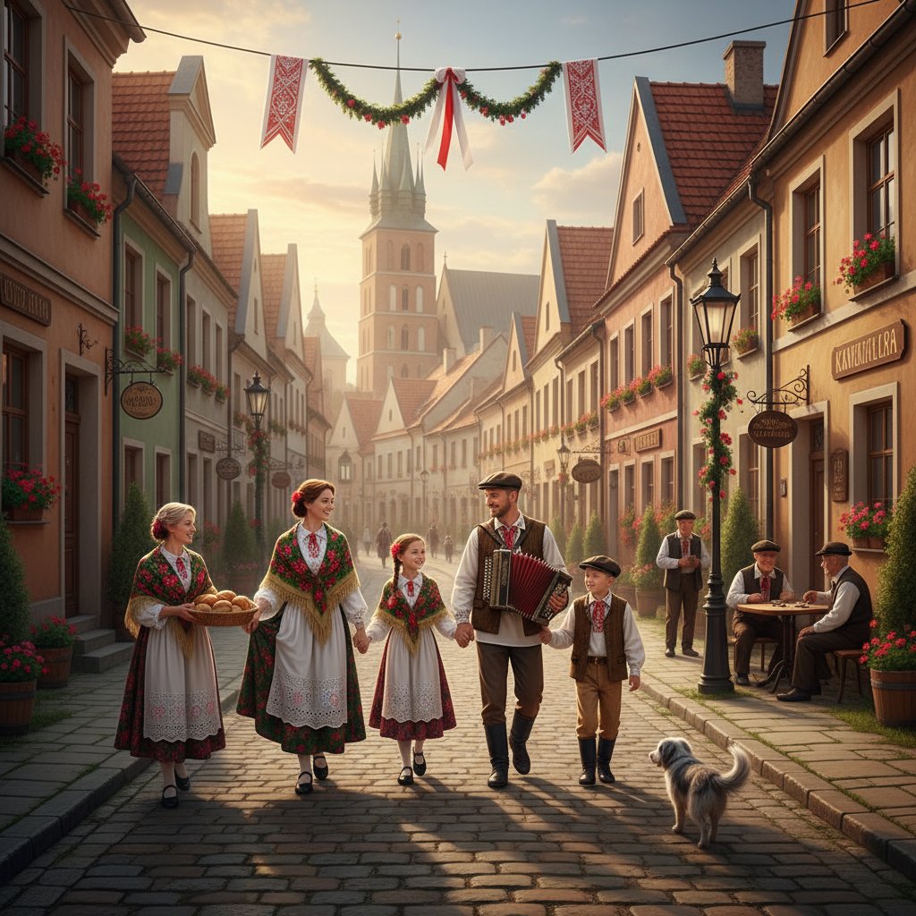 Zdjęcie rodziny idącej przez tradycyjną polską ulicę, obserwowanej przez sąsiadów, kontrast pokoleniowy i społeczne tabu