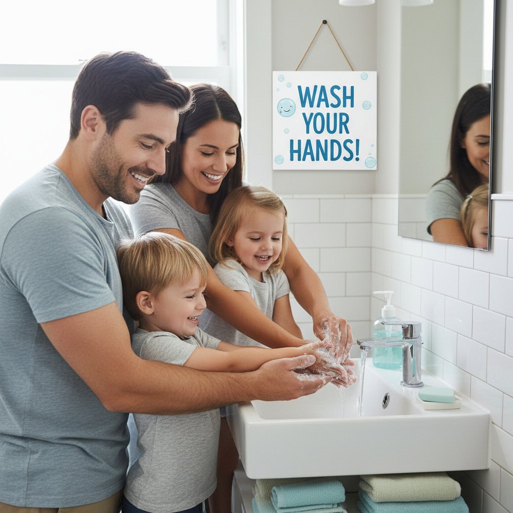 Zdjęcie rodziny przestrzegającej zasad higieny, myjących ręce w domu