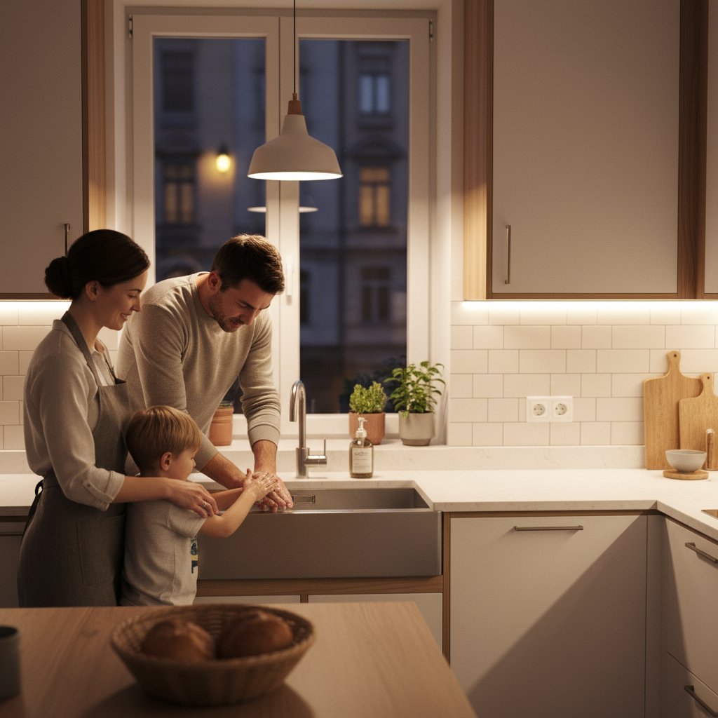 Rodzina myjąca ręce w kuchni – klucz do prewencji tasiemca, nowoczesne wnętrze, ciepłe światło